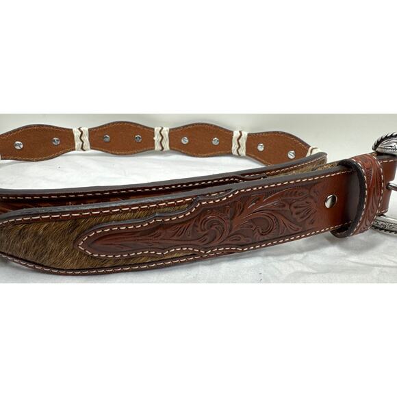 Nocona Tooled Leather, Calf Hair Belt, Size 38, Men's - Picture 6 of 11